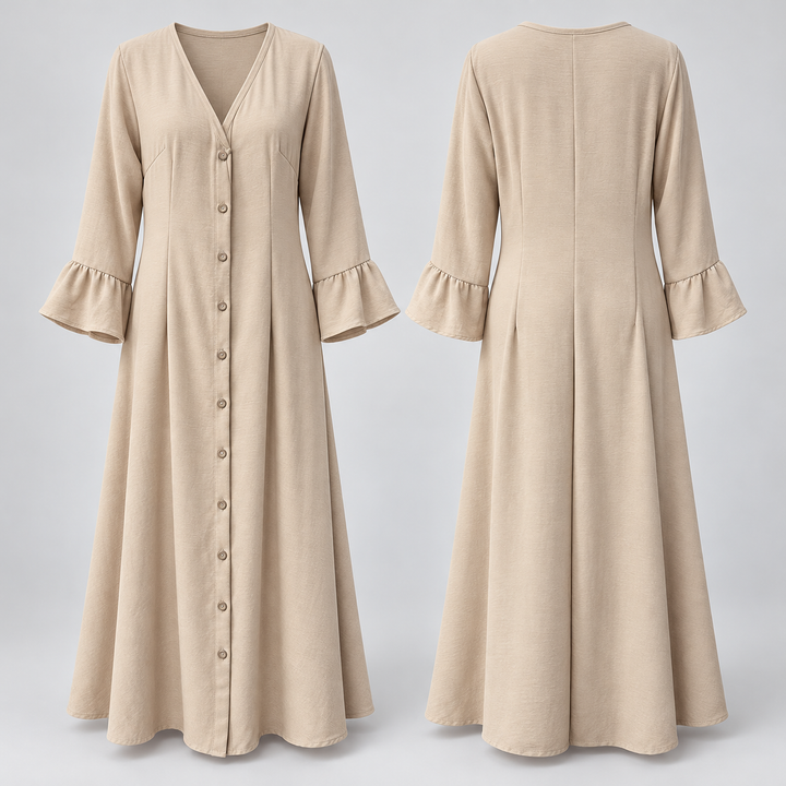 VISSONG Women’s V-Neck Button-Front Flounce-Cuff Maxi Dress