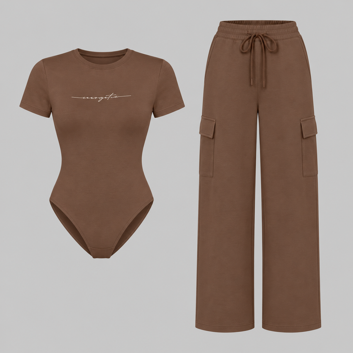 VISSONG Women’s Bodysuit &amp; Wide-Leg Cargo Pants Set