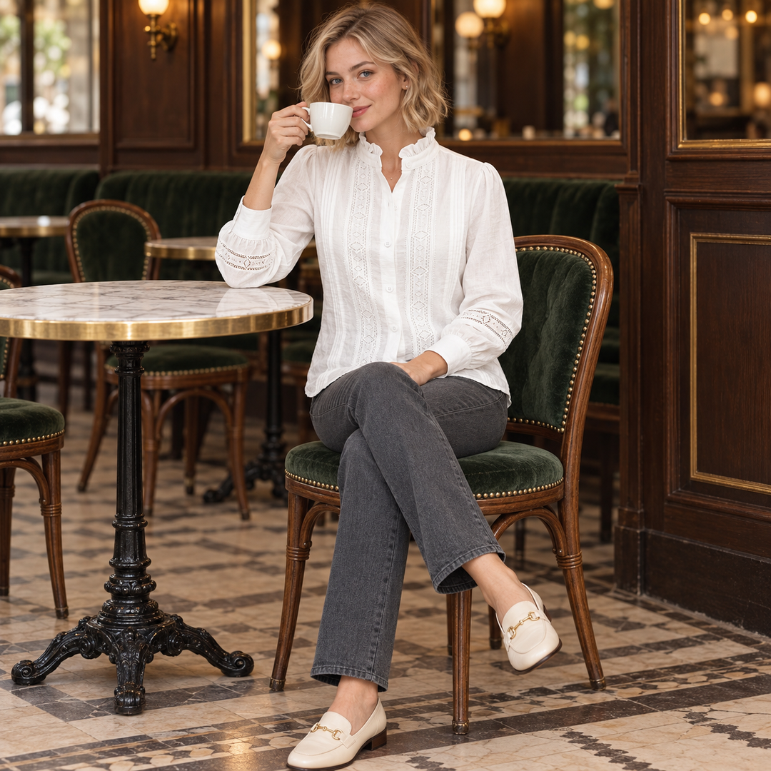 Ruffle-Collar Lace-Inset Button-Front Blouse