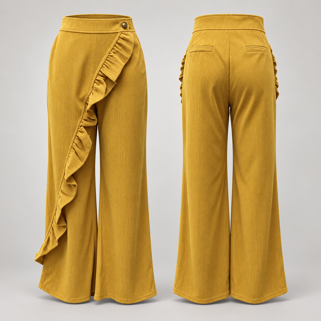 Women’s High-Waisted Ruffle-Overlay Corduroy Wide-Leg Pants