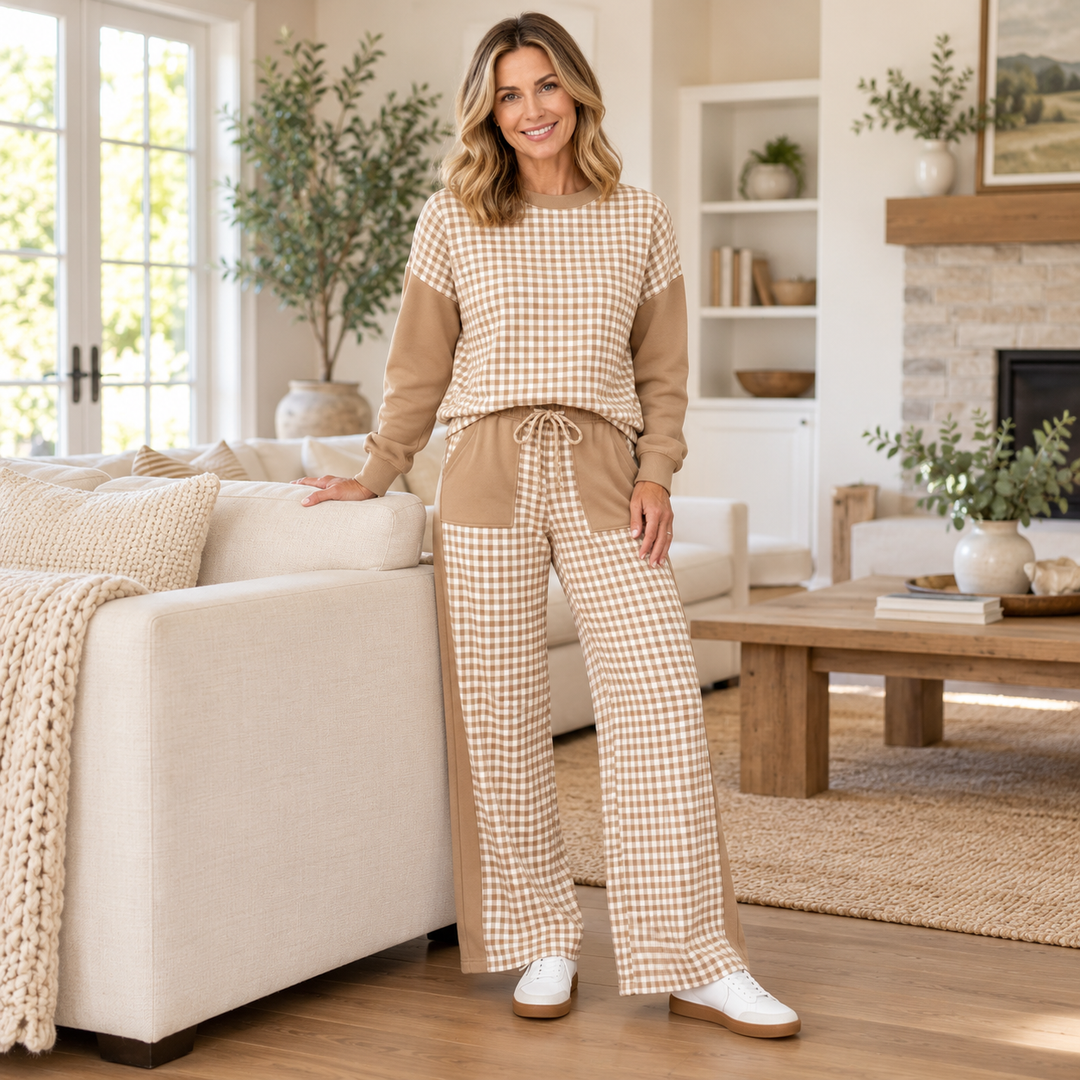VISSONG Women’s Gingham Colorblock Pullover &amp; Wide-Leg Pants Set