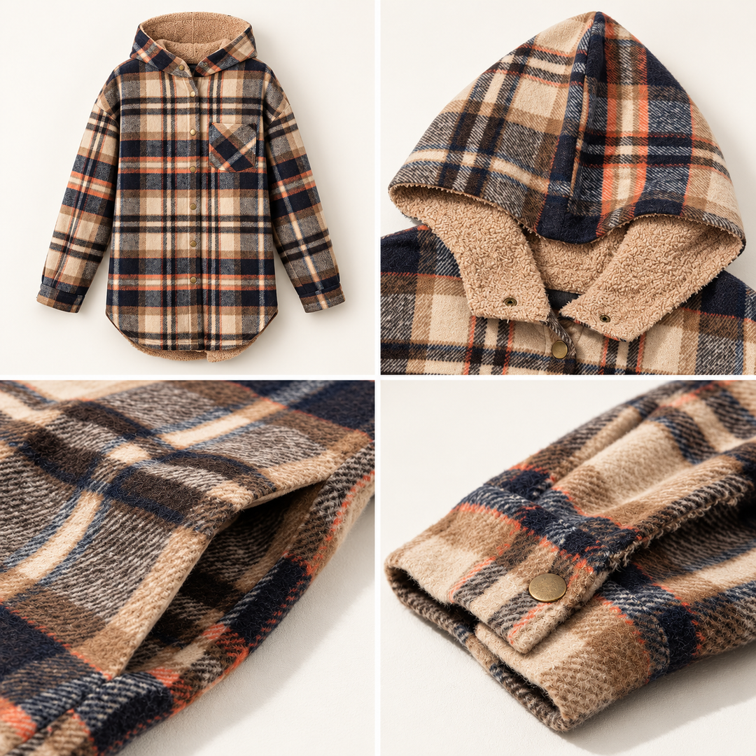VISSONG Women’s Plush-Hood Plaid Snap-Front Shacket