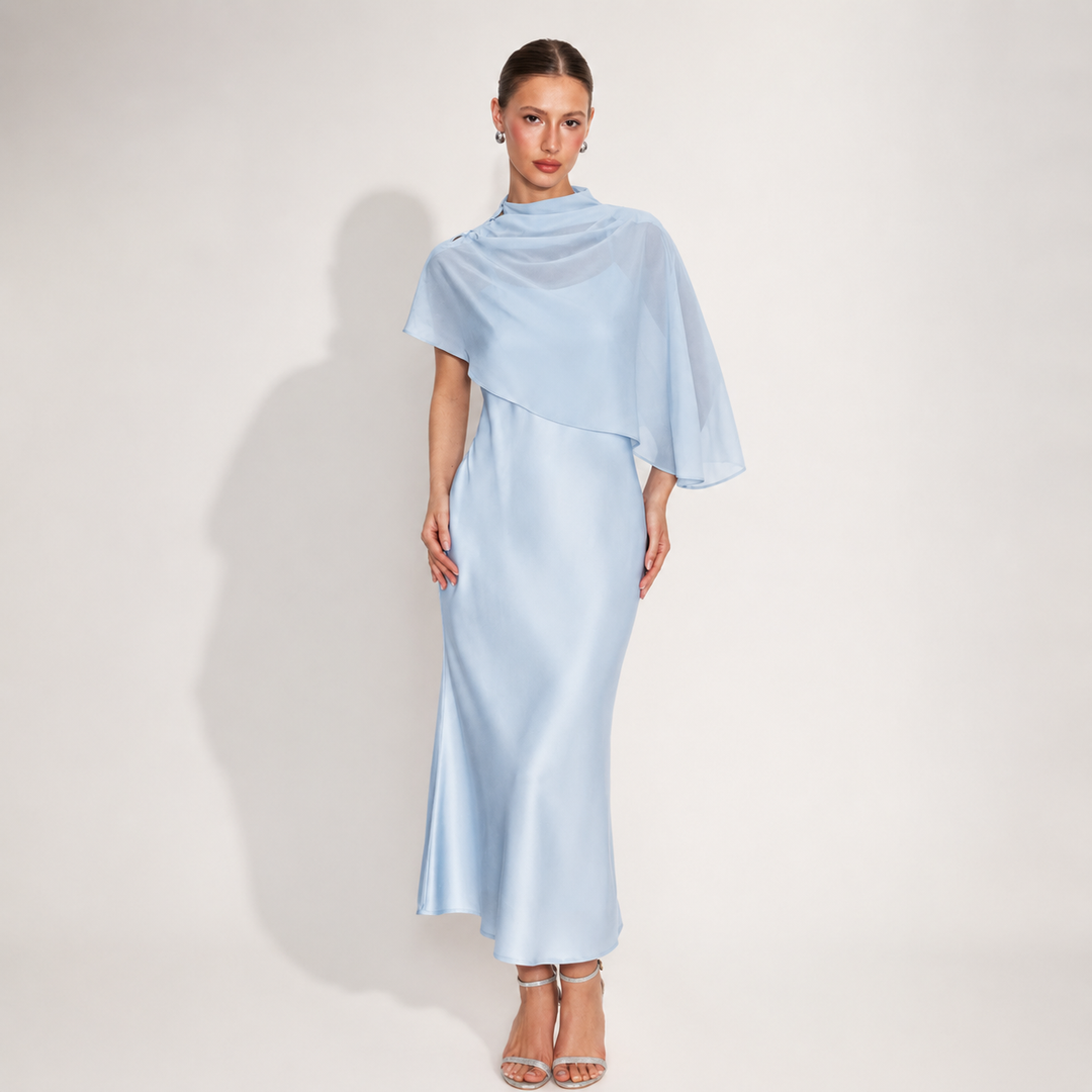 Elegant Sheer Cape Satin Midi Dress