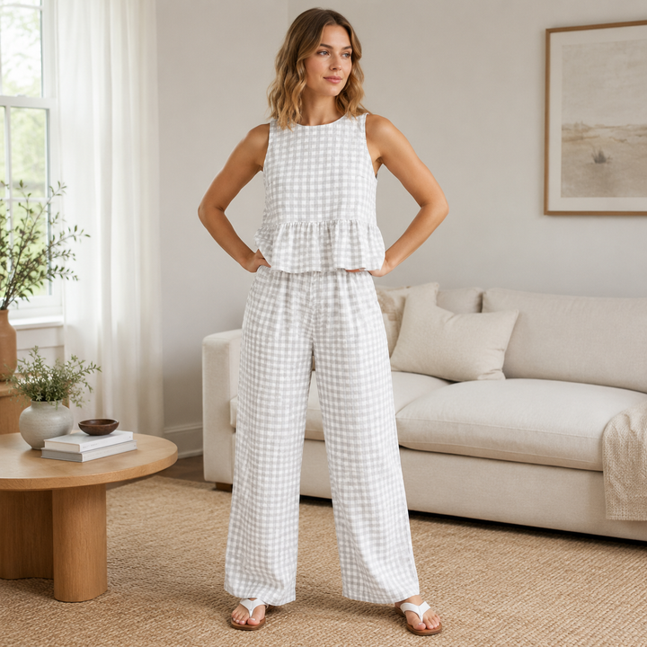 Gingham Peplum Top &amp; Wide-Leg Pants Set