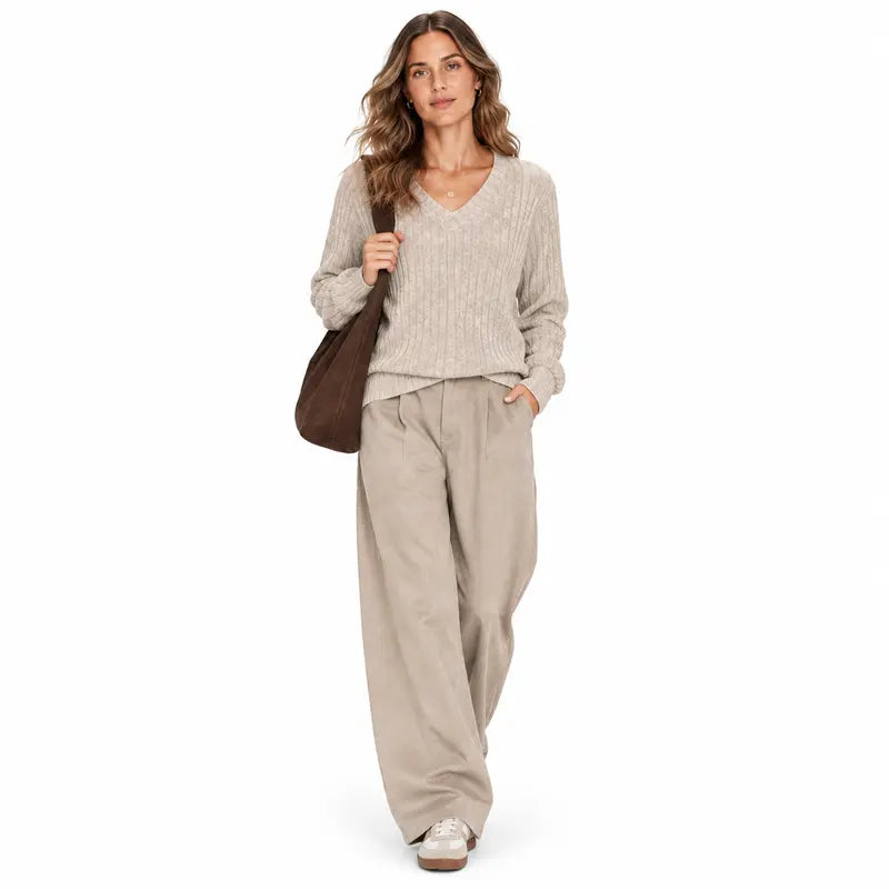 VISSONG Women’s Heathered Ribbed V-Neck Longline Sweater