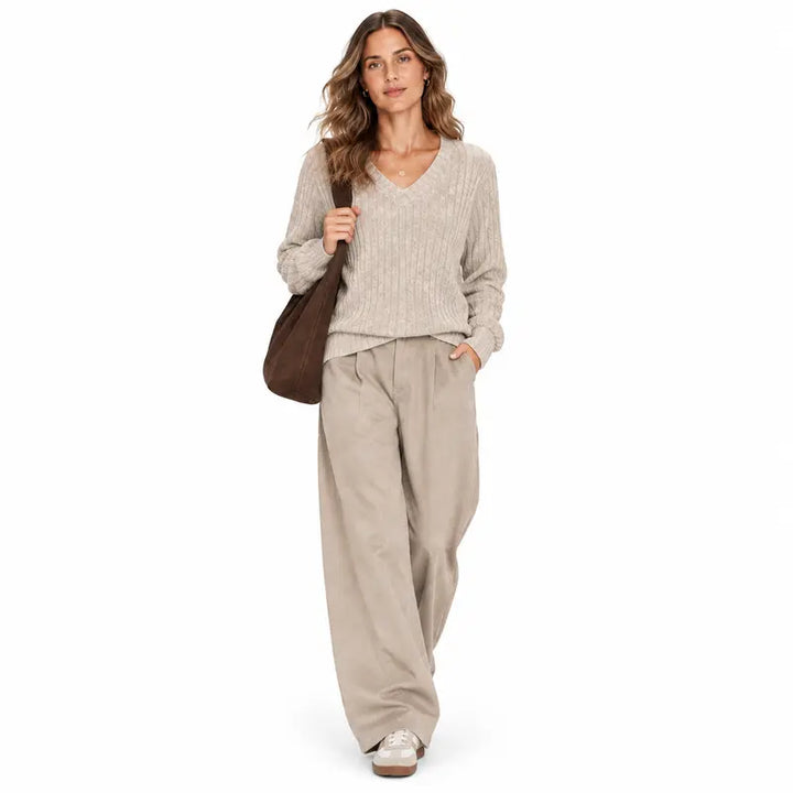 VISSONG Women’s Heathered Ribbed V-Neck Longline Sweater