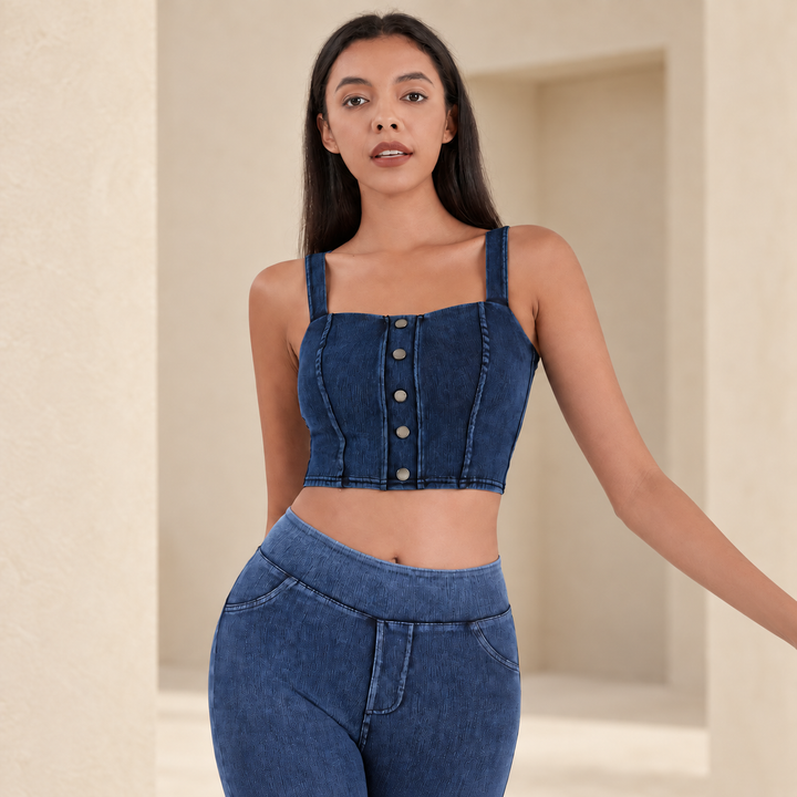 VISSONG Square-Neck Button-Front Denim Crop Top