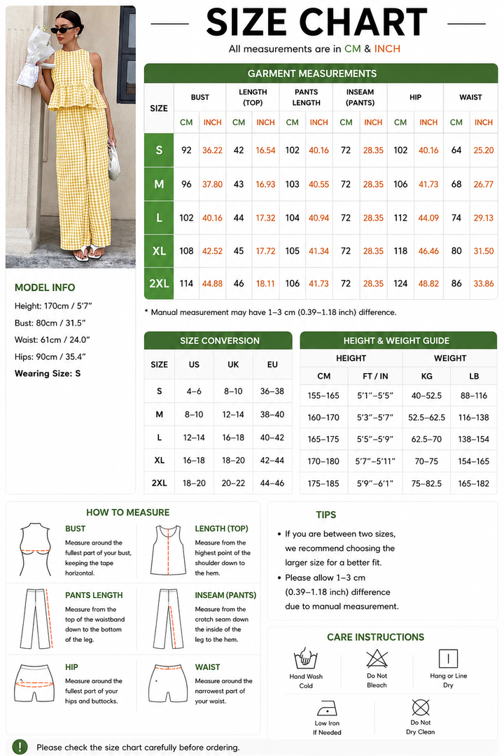 Gingham Peplum Top &amp; Wide-Leg Pants Set