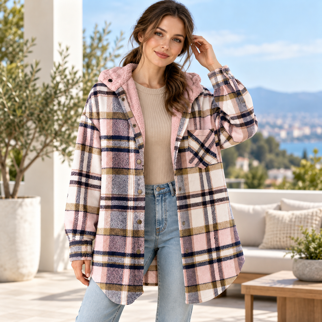 VISSONG Women’s Plush-Hood Plaid Snap-Front Shacket