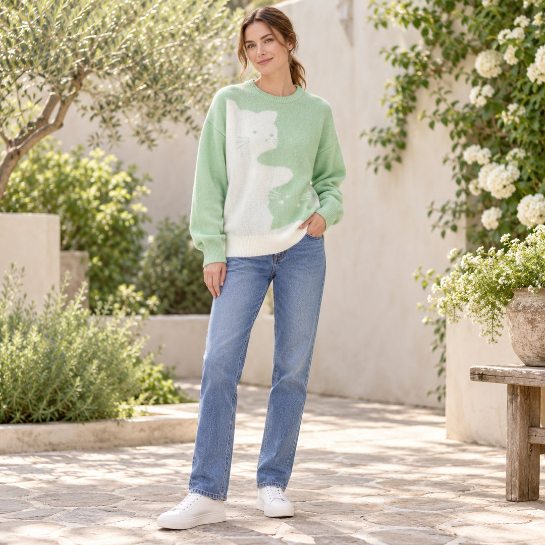 VISSONG Women’s Two-Cat Colorblock Crewneck Knit Sweater