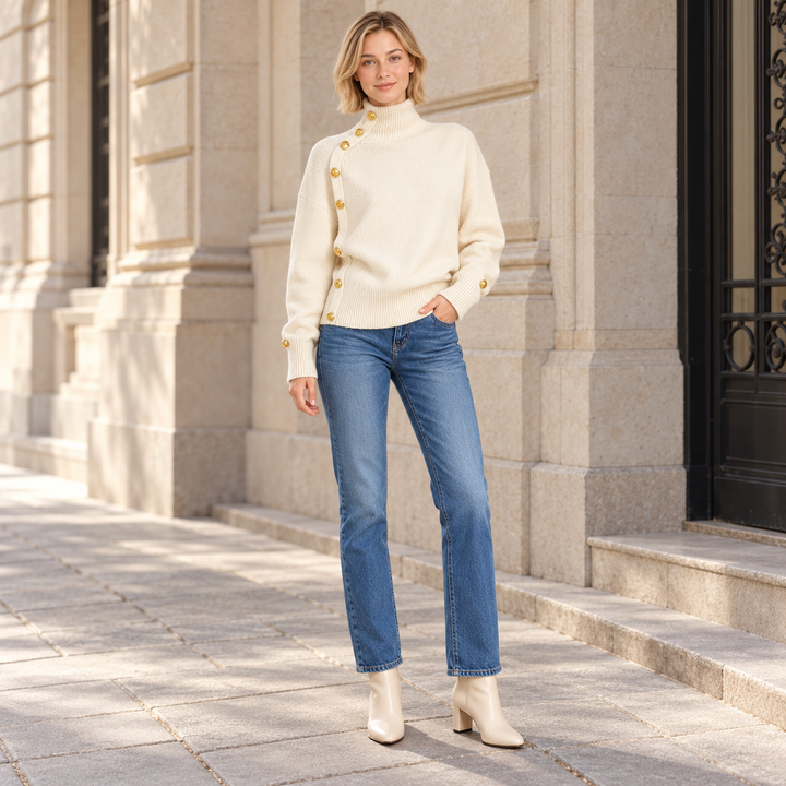 VISSONG Women’s Asymmetric Gold-Button Turtleneck Sweater