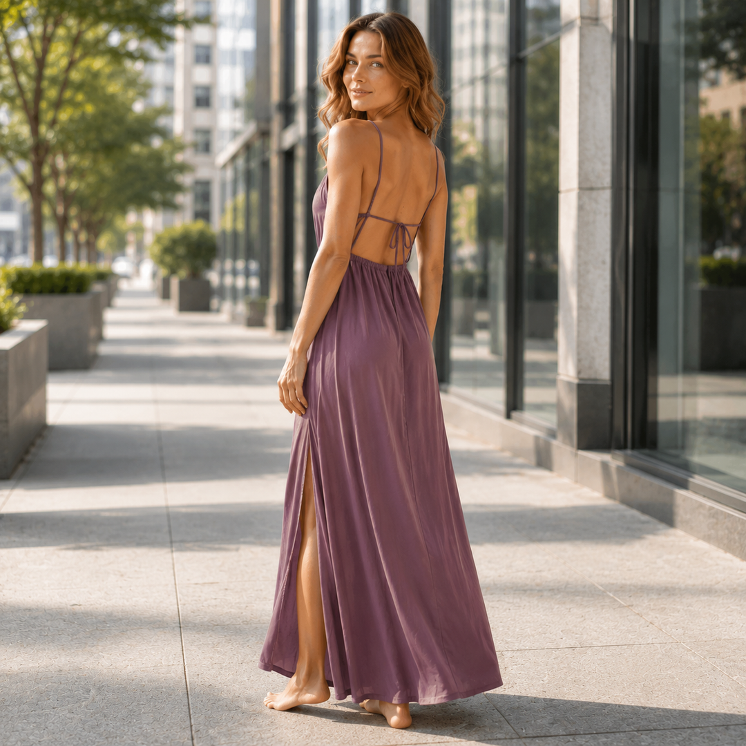 Open-Back Gathered Split Maxi Dress