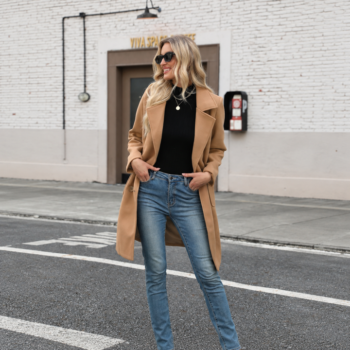 VISSONG Women’s Notched-Lapel Double-Breasted Longline Coat