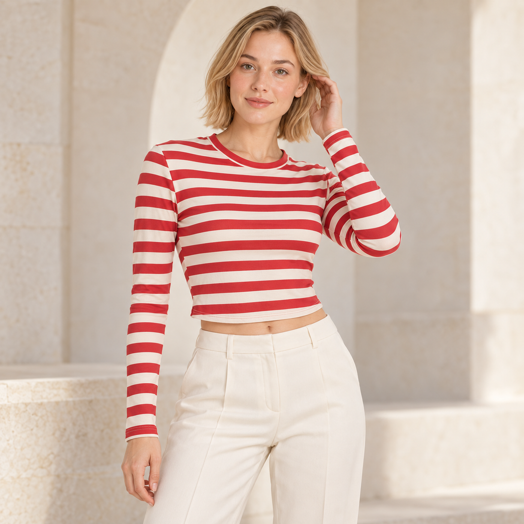 VISSONG Women’s Red Stripe Long-Sleeve Crop Top