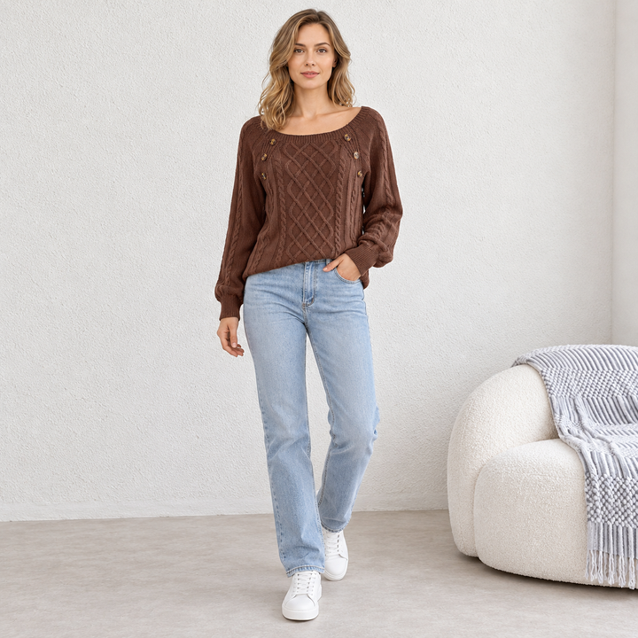 VISSONG Women’s Button-Trim Diamond Cable Knit Sweater