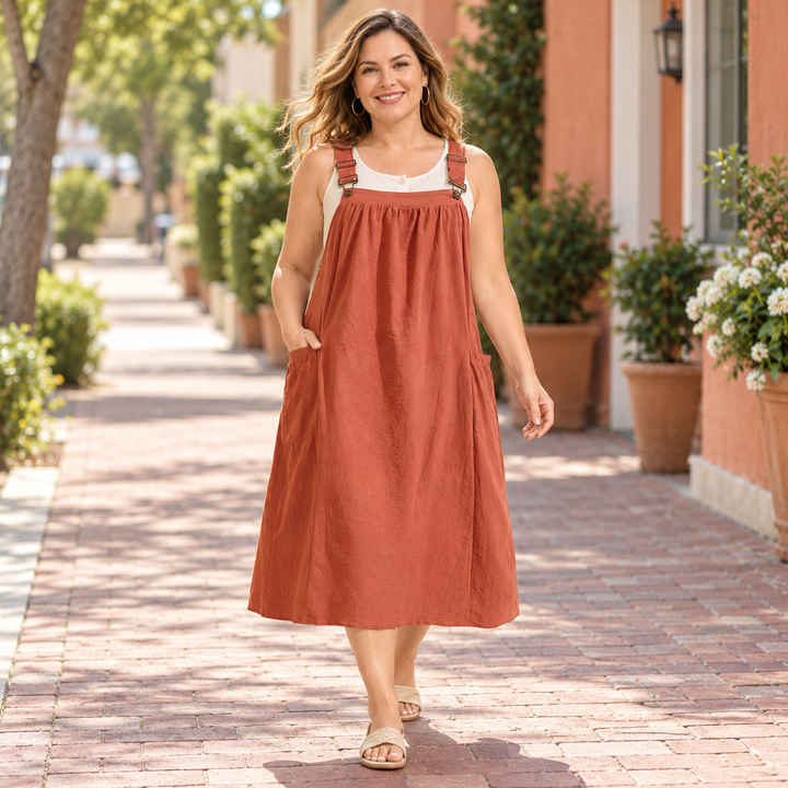Women’s Cotton Buckle-Strap Gathered Pocket Pinafore Dress