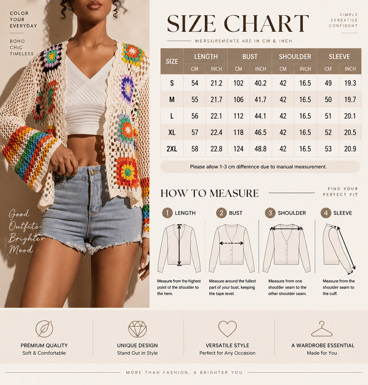 VISSONG Colorful Granny Square Crochet Cardigan