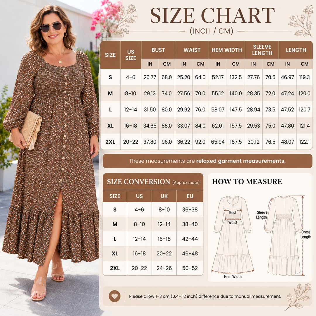 VISSONG Women’s Printed Smocked-Bodice Long-Sleeve Maxi Dress
