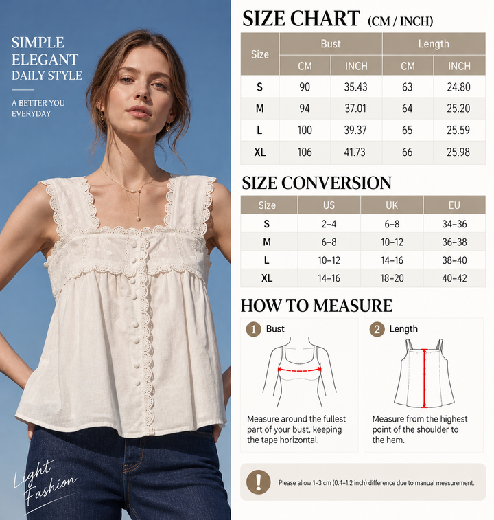 VISSONG Women’s Scalloped Lace Square-Neck Babydoll Top