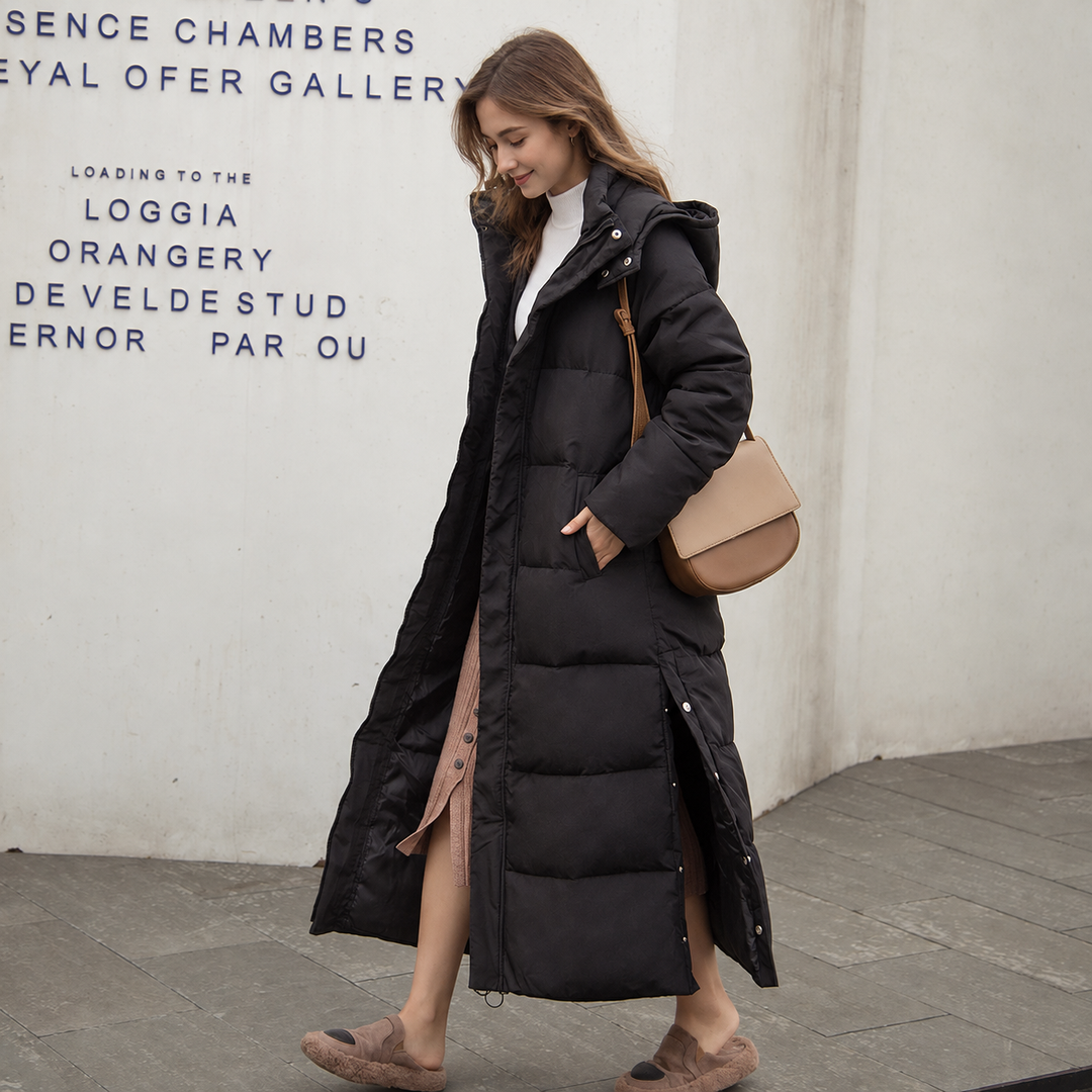 VISSONG Women’s Side-Snap Hooded Long Puffer Coat