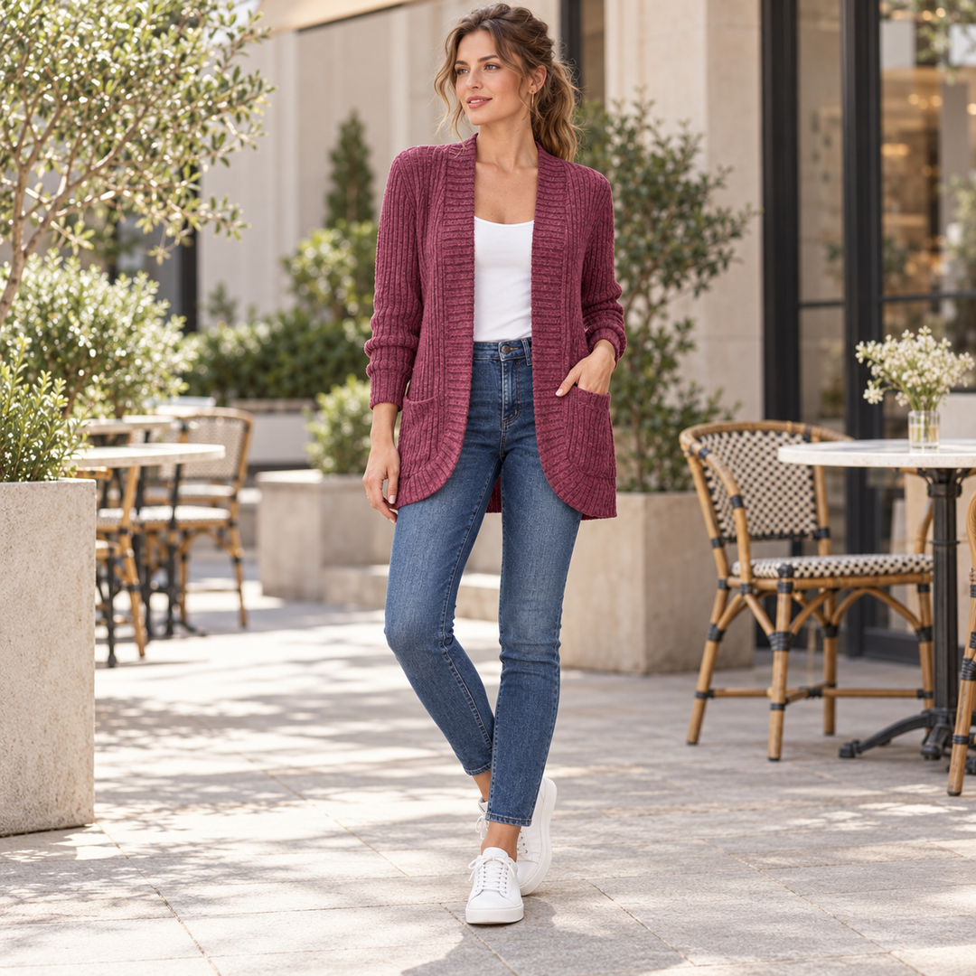 VISSONG Women’s Ribbed Open-Front Curved-Hem Pocket Cardigan