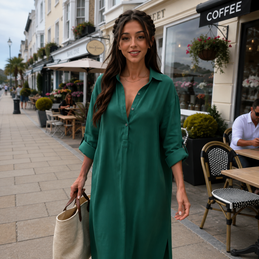 Relaxed Roll-Tab Maxi Shirt Dress