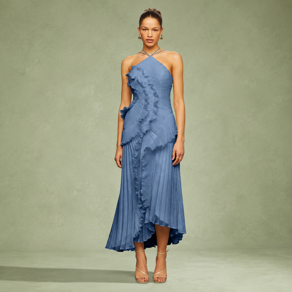 Women’s Pleated Halter Ruffle Maxi Dress