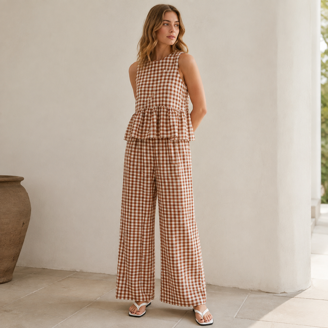 Gingham Peplum Top &amp; Wide-Leg Pants Set