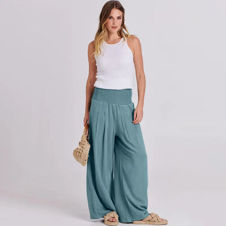 VISSONG Women’s Smocked High-Waist Pleated Palazzo Pants