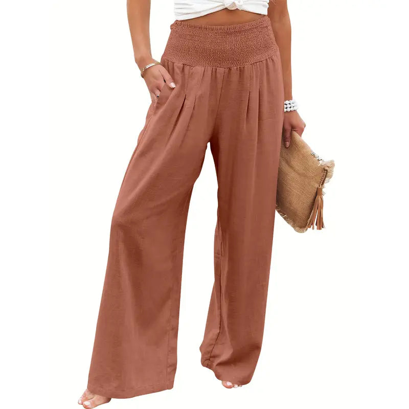 VISSONG Women’s Smocked High-Waist Pleated Palazzo Pants