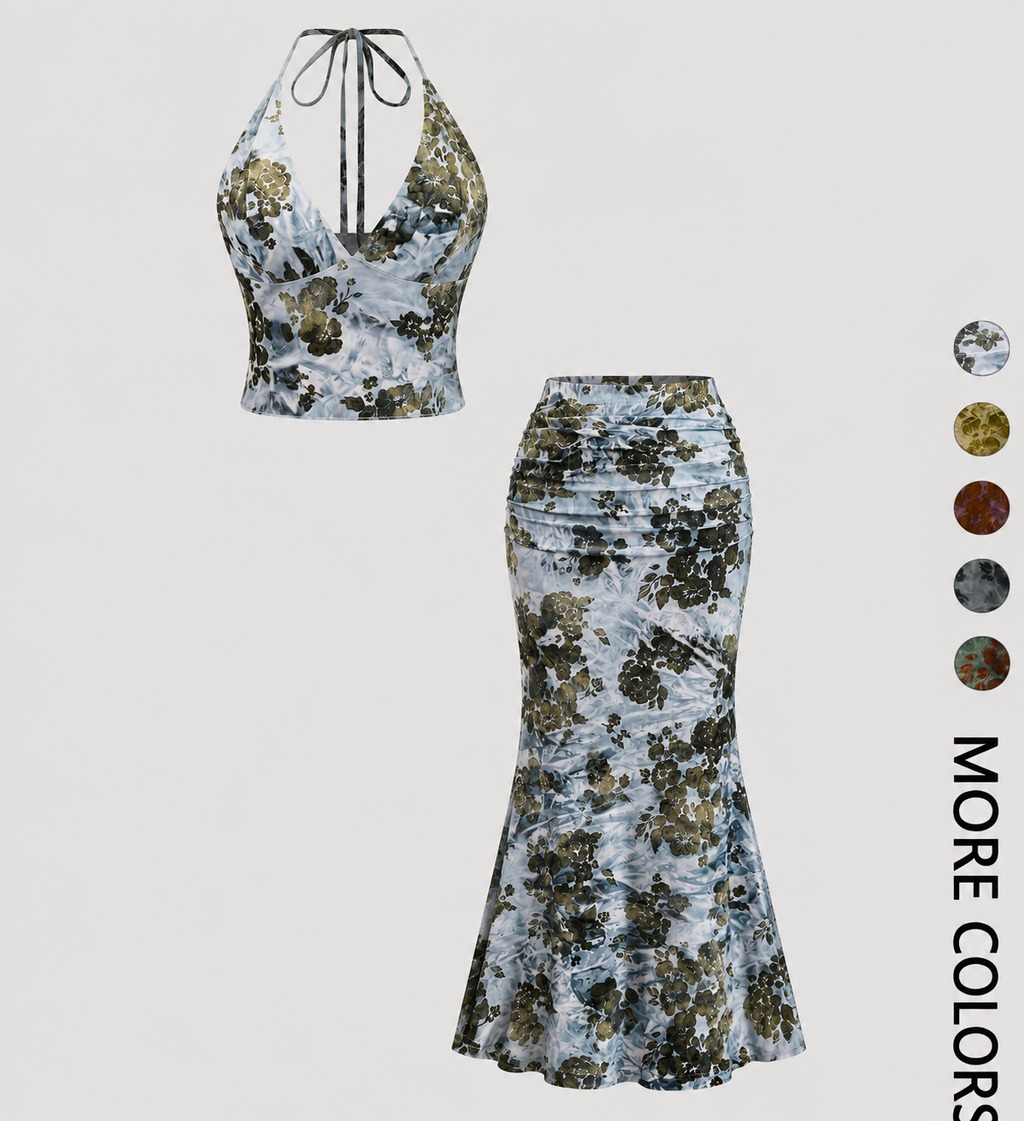 Vintage Floral Halter Top & Maxi Skirt Set