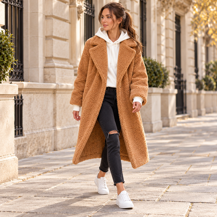 VISSONG Women’s Plush Notched-Lapel Longline Coat