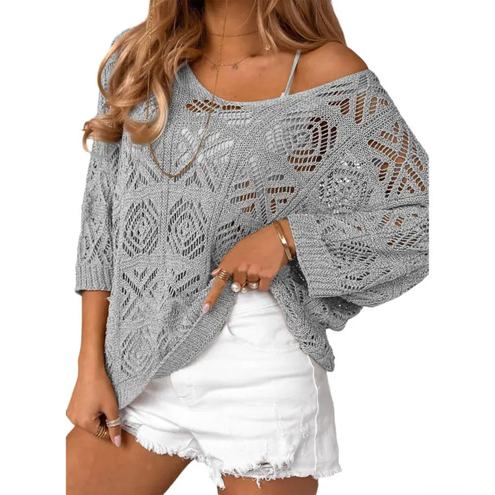 VISSONG Women’s Geometric Pointelle Wide-Neck Knit Top