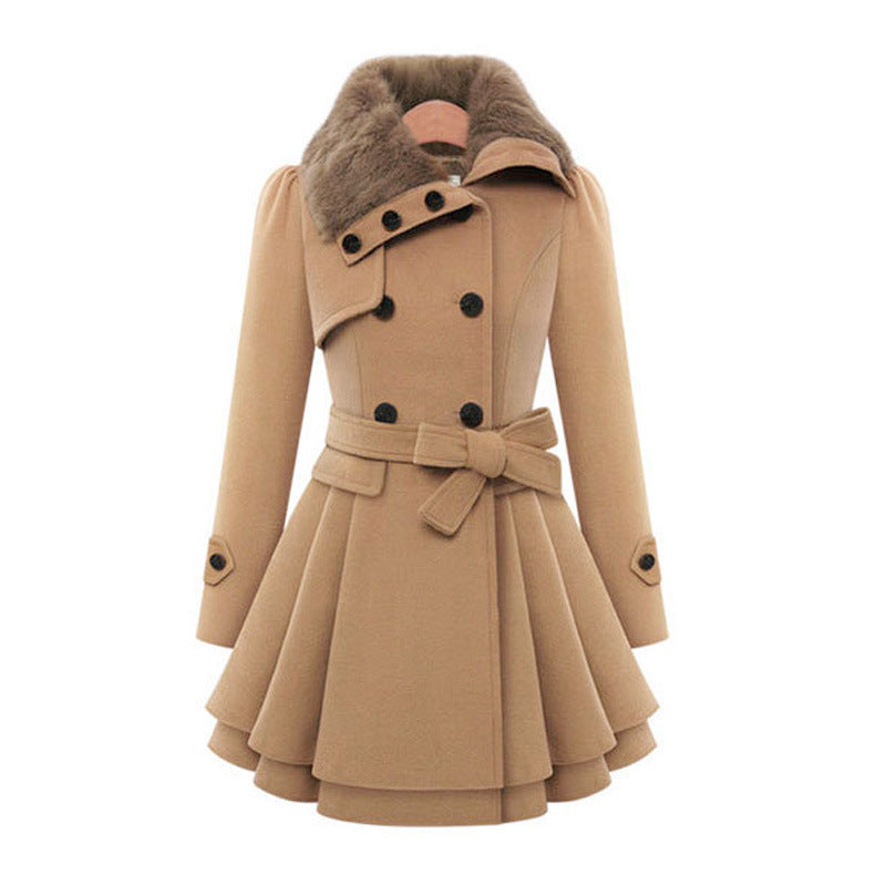 VISSONG Women’s Plush-Collar Bow-Waist Fit-and-Flare Coat