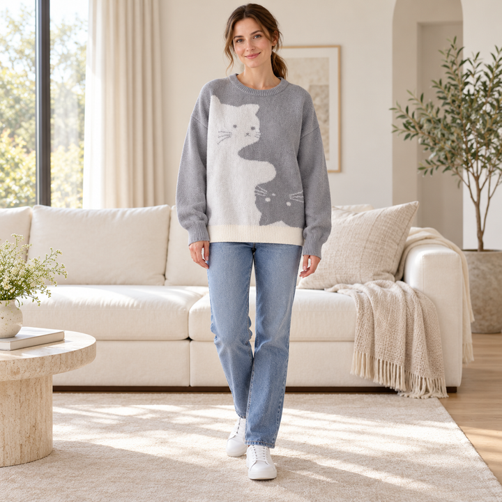 VISSONG Women’s Two-Cat Colorblock Crewneck Knit Sweater