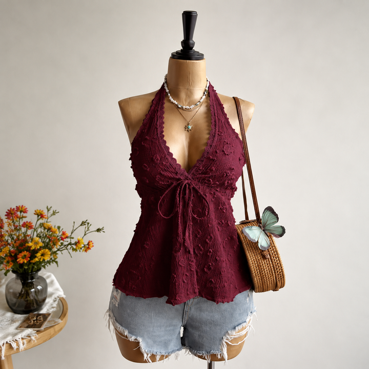 Lace Tie Front Halter Top