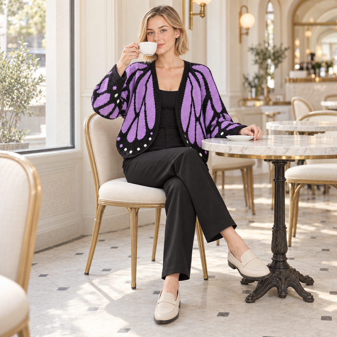VISSONG Butterfly Wing Pattern Open-Front Knit Cardigan