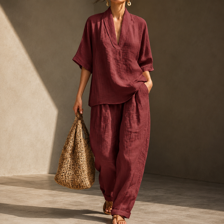 Women’s V Neck Loose Linen Set