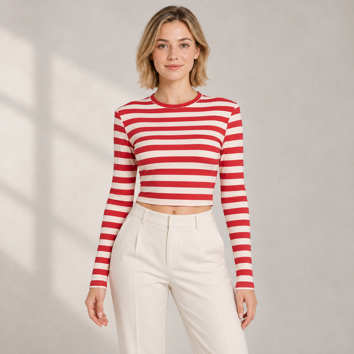 VISSONG Women’s Red Stripe Long-Sleeve Crop Top
