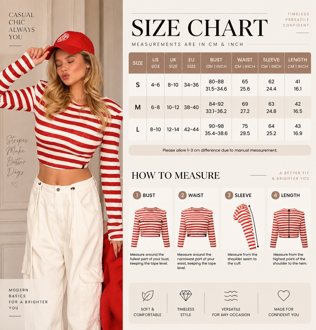 VISSONG Women’s Red Stripe Long-Sleeve Crop Top