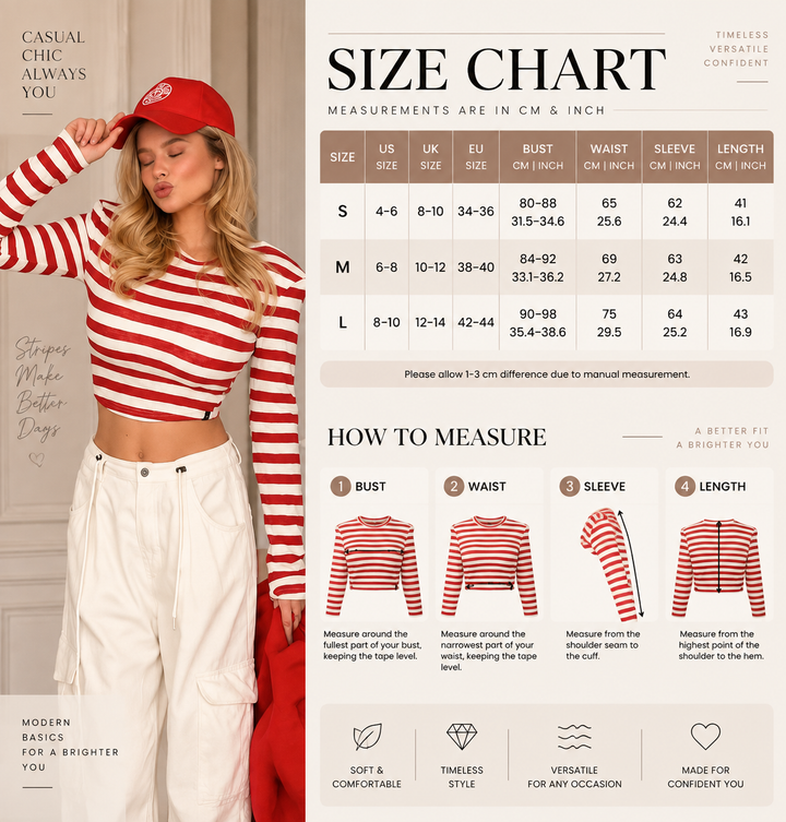 VISSONG Women’s Red Stripe Long-Sleeve Crop Top