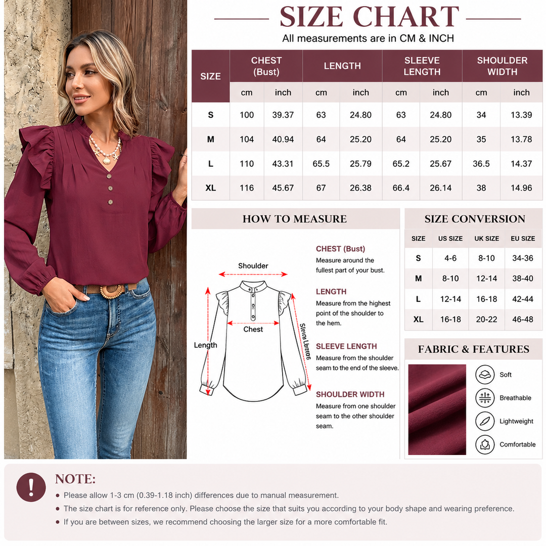 Ruffle-Shoulder Buttoned Long-Sleeve Blouse