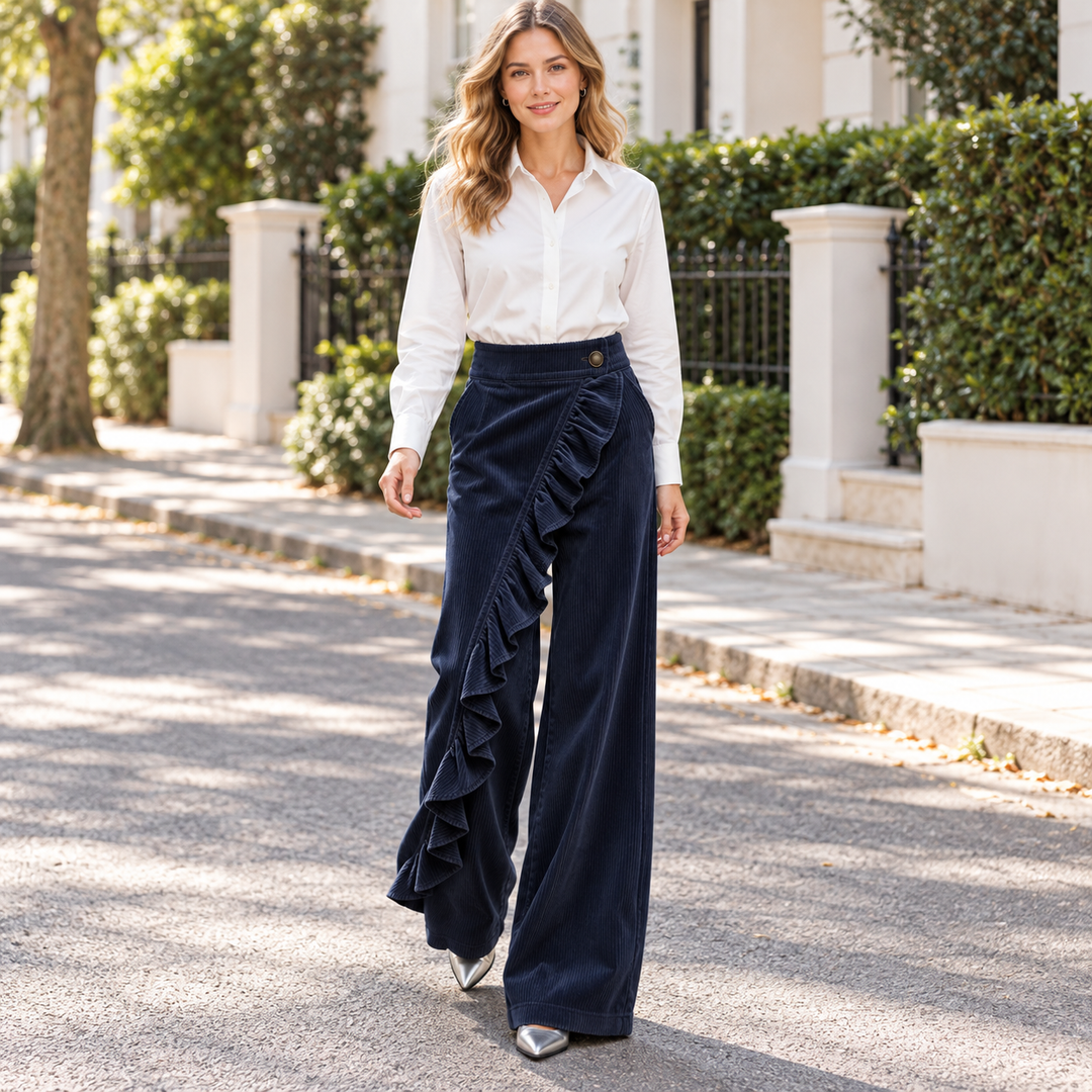 Women’s High-Waisted Ruffle-Overlay Corduroy Wide-Leg Pants