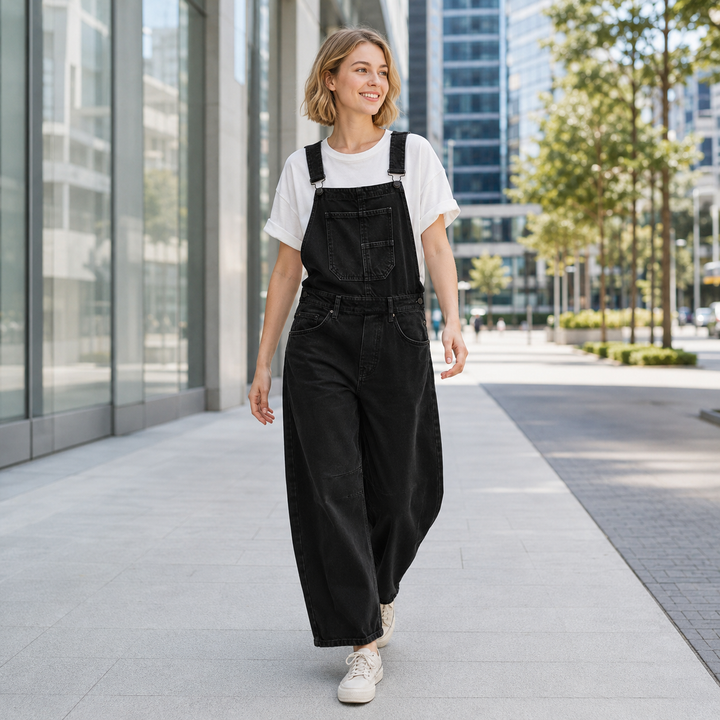 Relaxed Barrel-Leg Denim Overalls