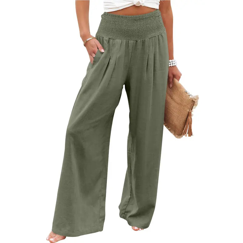 VISSONG Women’s Smocked High-Waist Pleated Palazzo Pants