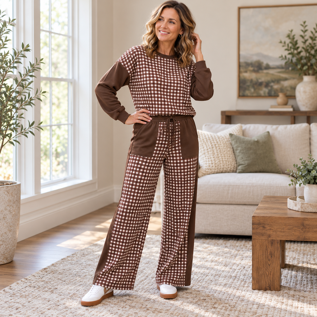 VISSONG Women’s Gingham Colorblock Pullover &amp; Wide-Leg Pants Set