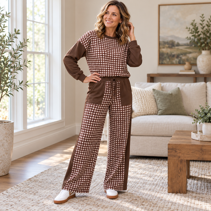 VISSONG Women’s Gingham Colorblock Pullover &amp; Wide-Leg Pants Set