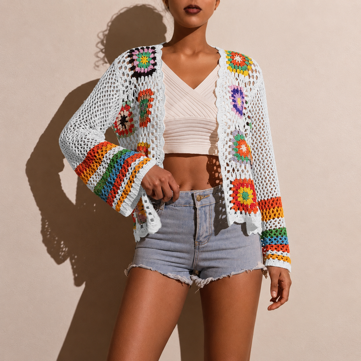 VISSONG Colorful Granny Square Crochet Cardigan