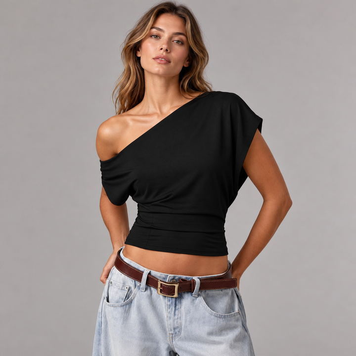 VISSONG Women’s Asymmetric Off-Shoulder Draped Crop Top