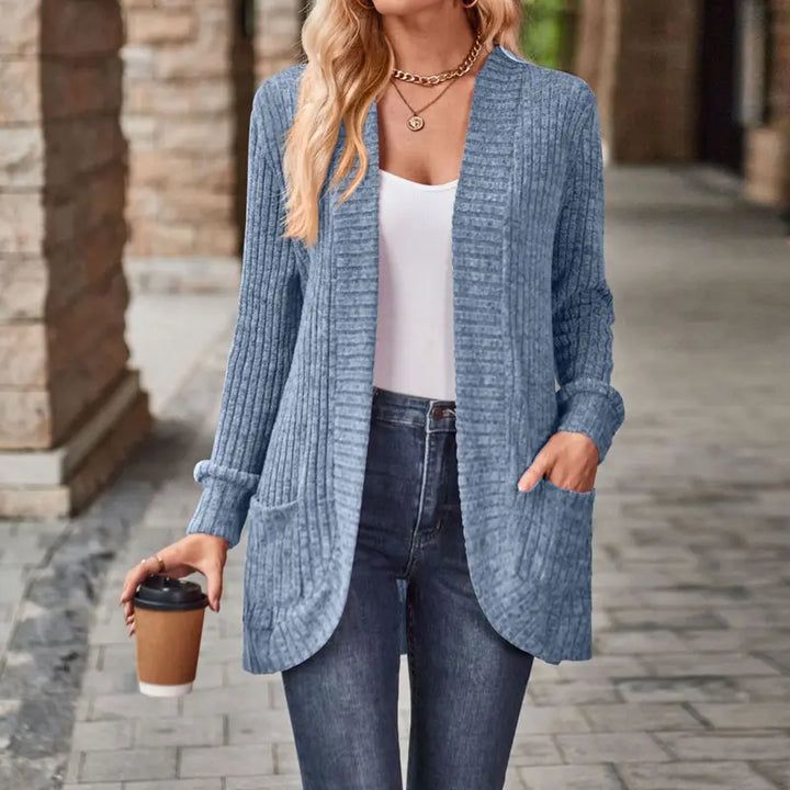 VISSONG Women’s Ribbed Open-Front Curved-Hem Pocket Cardigan